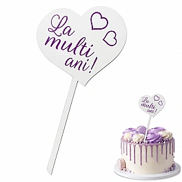 Topper tort MDF inima alba cu La multi ani scris cu roz - Anyta Cooking