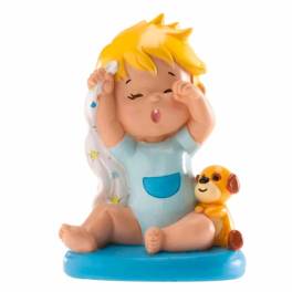 Figurina necomestibilă – Figurină de tort pentru botez – Băiețel albastru care cască, 10 CM - Dekora