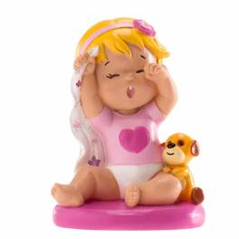 Figurina necomestibilă – Figurină de tort pentru botez – Fetiță roz care cască, 10 CM - Dekora