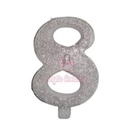 Lumanare Tort cu Sclipici - NR 8 - Argintiu - 7 cm - Anyta Cooking - Anyta Cooking