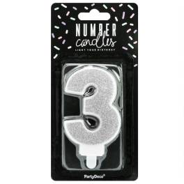 Lumanare Zi de Nastere Numarul 3 - Argintiu  - PartyDeco
