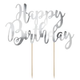 Ornament pentru Torturi Aniversare ”Happy Birthday” - Argintiu - PartyDeco - Anyta Cooking