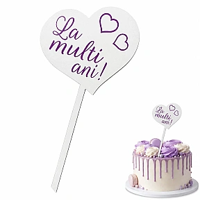 Topper tort MDF inima alba cu La multi ani scris cu roz - Anyta Cooking