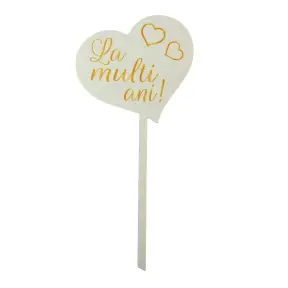 Topper tort MDF inima alba cu La multi ani scris cu galben - Anyta Cooking