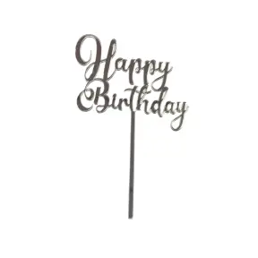 Topper Tort, Happy Birthday cursiv, argintiu, acril - Anyta Cooking