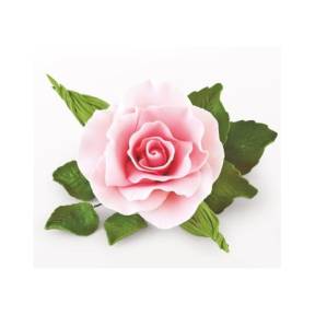 Decor din Zahar – Trandafir Roz cu Frunze – Ø120 mm – YKPACA