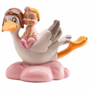 Figurină de tort – Barză în zbor cu copil, roz, 10 CM - Dekora - Anyta Cooking