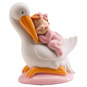 Figurină de tort botez – Barză cu copil care doarme, roz, 10 CM - Dekora