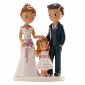 Figurină de tort pentru nuntă – Cuplu căsătorit cu fetiță, 16 CM - Dekora