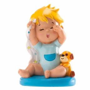 Figurina necomestibilă – Figurină de tort pentru botez – Băiețel albastru care cască, 10 CM - Dekora