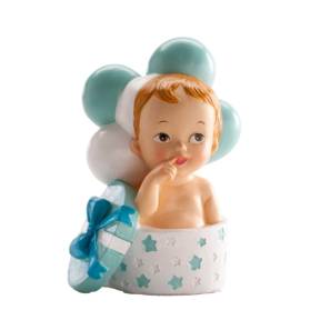 Figurina necomestibilă – Figurină de tort pentru botez – Băiețel cu cadou și baloane, 10.5 CM - Dekora