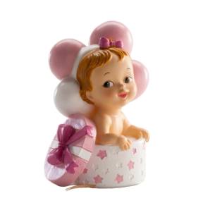 Figurina necomestibilă – Figurină de tort pentru botez – Fetiță cu cadou și baloane, 10.5 CM - Dekora - Anyta Cooking