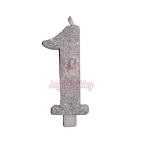 Lumanare Tort cu Sclipici - NR 1 - Argintiu - 7 cm - Anyta Cooking - Anyta Cooking