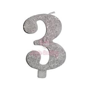 Lumanare Tort cu Sclipici - NR 3 - Argintiu - 7 cm - Anyta Cooking - Anyta Cooking