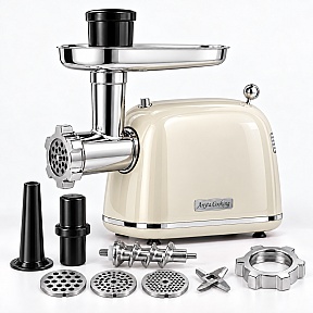 Mașină de Tocat Carne și Umplut Cârnați – Crem - 2000W MAX, Angrenaje Metalice, 3 Site - Anyta Cooking