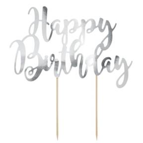 Ornament pentru Torturi Aniversare ”Happy Birthday” - Argintiu - PartyDeco