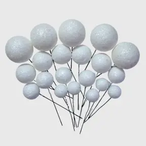 Set 20 sfere/bile din plastic pentru decor tort - Albe cu sclipici