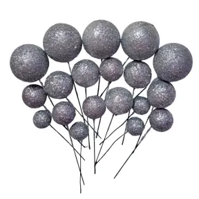 Set 20 sfere/bile din plastic pentru decor tort - Argintii cu sclipici