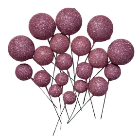 Set 20 sfere/bile din plastic pentru decor tort - Roz cu Sclipici