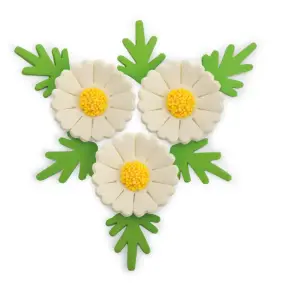  Set Decor din Pasta de Zahar - 3 Flori de Musetel ALBE + 6 frunze - YKPACA