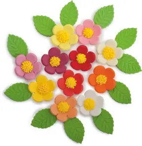 Set Decor din Pasta de Zahar - 11 Flori Multicolore cu Frunze - Nr.1 - YKPACA