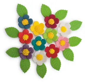 Set Decor din Pasta de Zahar - 11 Flori Multicolore cu Frunze - Nr.2 - YKPACA