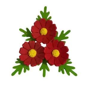 Set Decor din Pasta de Zahar - 3 Flori de Musetel DARK RED + 6 frunze - YKPACA