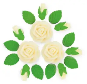  Set Decor din Pasta de Zahar - CREM - 3 Trandafiri + 6 Muguri + 9 Frunze - YKPACA