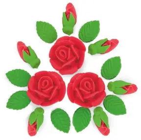 Set Decor din Pasta de Zahar - ROSU DESCHIS - 3 Trandafiri + 6 Muguri + 9 Frunze - YKPACA