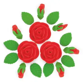  Set Decor din Pasta de Zahar - ROSU INCHIS - 3 Trandafiri + 6 Muguri + 9 Frunze - YKPACA