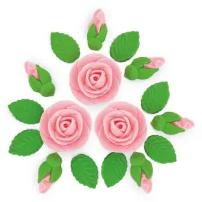 Set Decor din Pasta de Zahar - ROZ DESCHIS- 3 Trandafiri + 6 Muguri + 9 Frunze - YKPACA