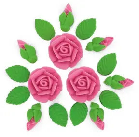 Set Decor din Pasta de Zahar - ROZ INCHIS - 3 Trandafiri + 6 Muguri + 9 Frunze - YKPACA