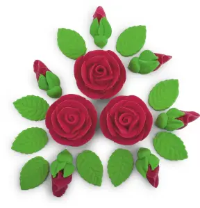 Set Decor din Pasta de Zahar - VISINIU- 3 Trandafiri + 6 Muguri + 9 Frunze - YKPACA