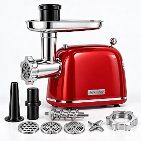Mașină de Tocat Carne și Umplut Cârnați – Rosu - 2000W MAX, Angrenaje Metalice, 3 Site - Anyta Cooking