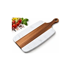 Tocător din Lemn și Piatră Naturală - Platou de Servire - 35 x 18,5 cm - Alb/Maro