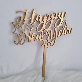 Topper tort MDF - Happy New Year cu stele ,Auriu Inchis - Anyta Cooking