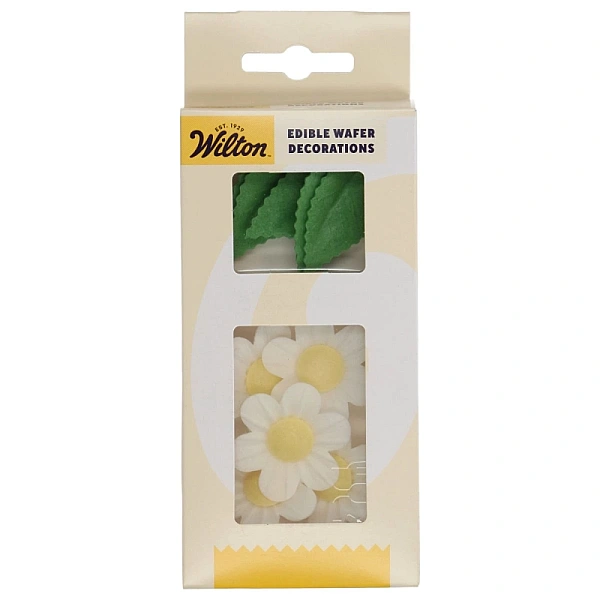 Set 11 decoratiuni comestibile din vafa Flori albe si frunze - Wilton