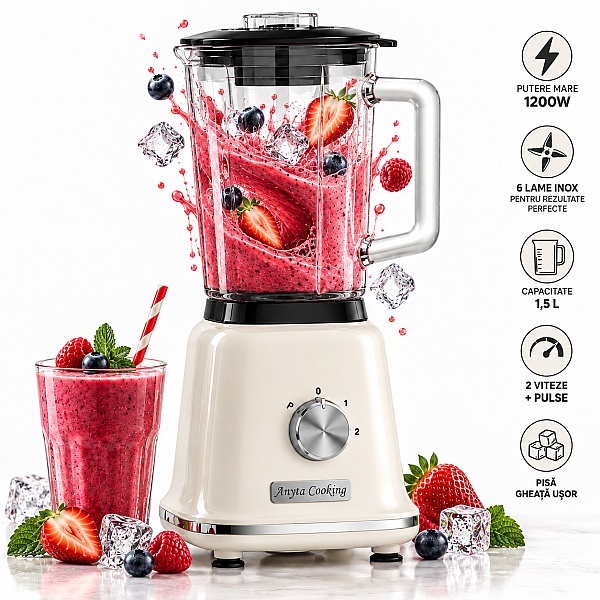 Blender Retro Vintage 1200W, Vas Sticlă 1,6L &ndash; Crem-  Anyta Cooking