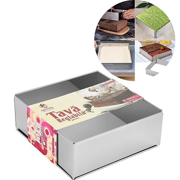 Forma Reglabila Patrata din inox,intre 20x20 si 38x38CM-8cm inalt-Anyta Cooking