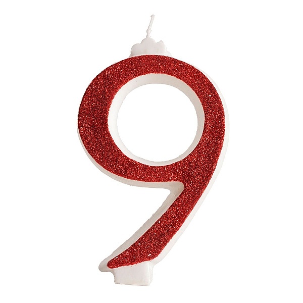 Lum&acirc;nare zi de naștere - roșu cu sclipici &ndash; Nr 9 - 13 CM - Dekora - Anyta Cooking