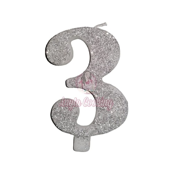 Lumanare Tort cu Sclipici - NR 3 - Argintiu - 7 cm - Anyta Cooking - Anyta Cooking