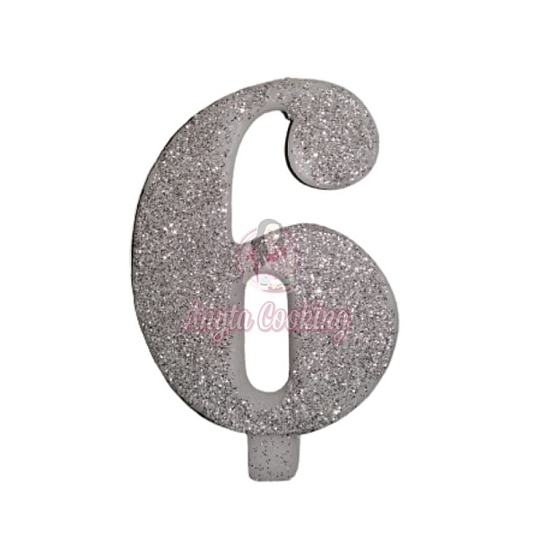 Lumanare Tort cu Sclipici - NR 6 - Argintiu - 7 cm - Anyta Cooking - Anyta Cooking