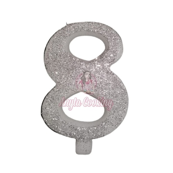 Lumanare Tort cu Sclipici - NR 8 - Argintiu - 7 cm - Anyta Cooking - Anyta Cooking