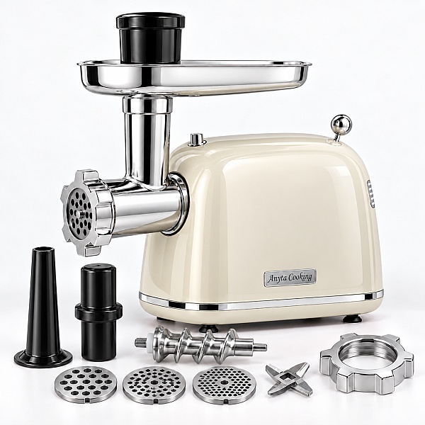Mașină de Tocat Carne și Umplut C&acirc;rnați &ndash; Crem - 2000W MAX, Angrenaje Metalice, 3 Site - Anyta Cooking