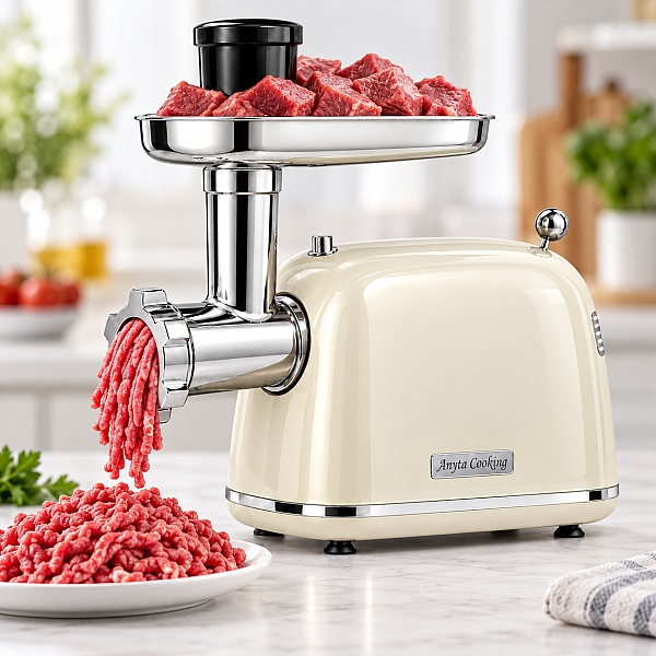 Mașină de Tocat Carne și Umplut C&acirc;rnați &ndash; Crem - 2000W MAX, Angrenaje Metalice, 3 Site - Anyta Cooking