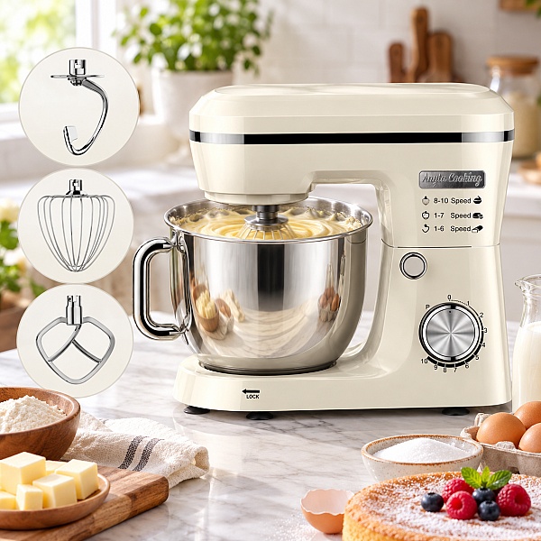 Mixer Planetar Retro Crem &ndash; 1500W-MAX, Bol Inox 4,5L, 10 Viteze - Anyta Cooking