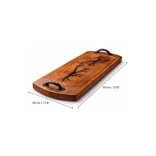 Platou de Servire Artizanal din Lemn Masiv cu Model Ars și M&acirc;nere din Fier - 70 x 30 cm