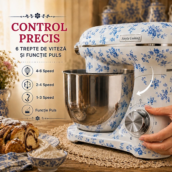 Robot de bucătărie Mixer cu bol din inox 6.5 L, 1800W, 4 accesorii incluse &ndash; Retro Floral &ndash; Anyta Cooking
