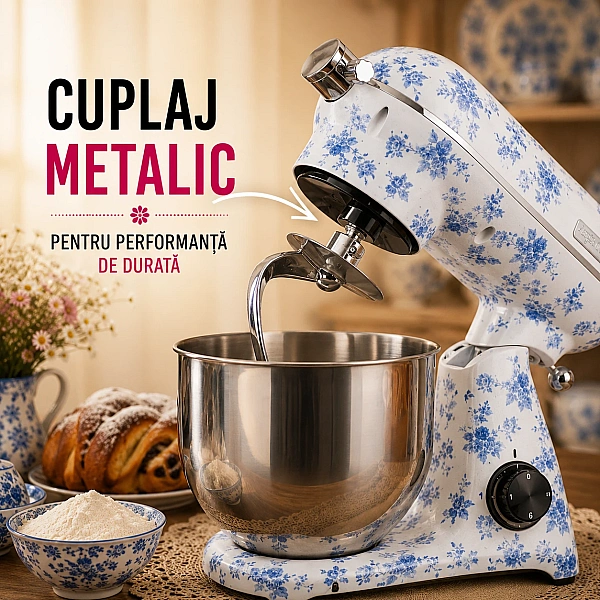 Robot de bucătărie Mixer cu bol din inox 6.5 L, 1800W, 4 accesorii incluse &ndash; Retro Floral &ndash; Anyta Cooking