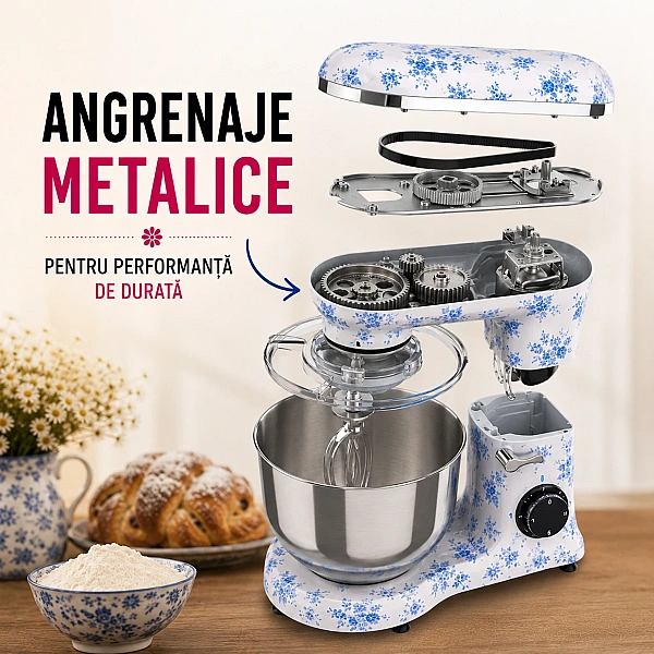 Robot de bucătărie Mixer cu bol din inox 6.5 L, 1800W, 4 accesorii incluse &ndash; Retro Floral &ndash; Anyta Cooking